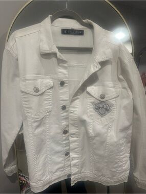 White Women's Denim Jacket with Knicks Patch